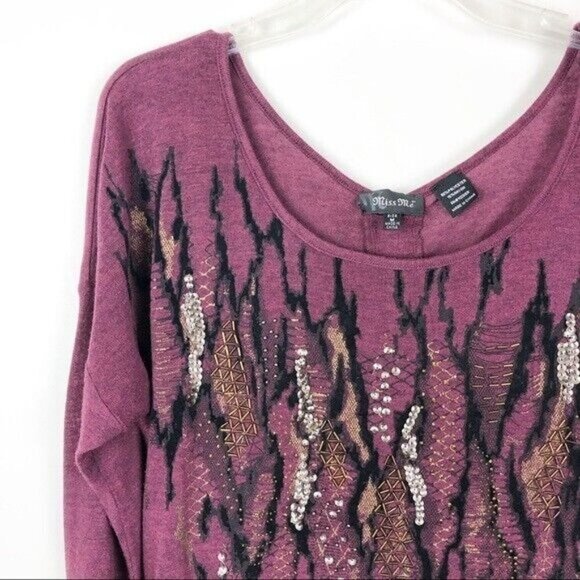 Miss Me Sequined Snake Print Long Sleeve Top Purple Blouse Size M - Picture 3 of 8